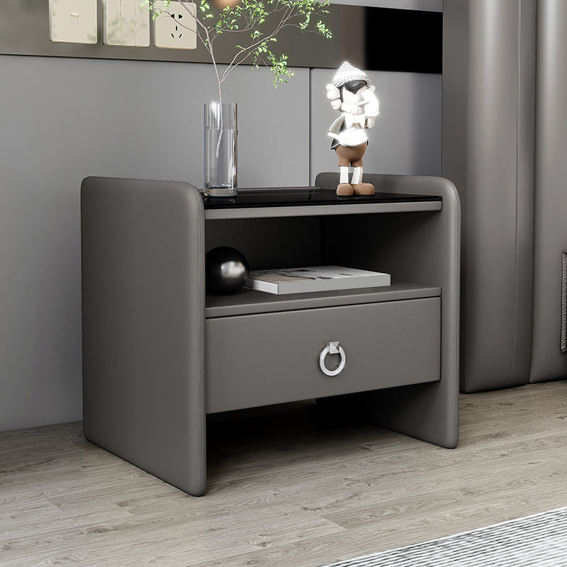 18" H Modern Bed Nightstand Glass Top Solid Wood Open Storage Night Table Dark Gray Clearhalo 'Bedroom Furniture' 'furn' 'furn_night_stand' 'Furniture' 'night_stand' 'Nightstands' 5537257