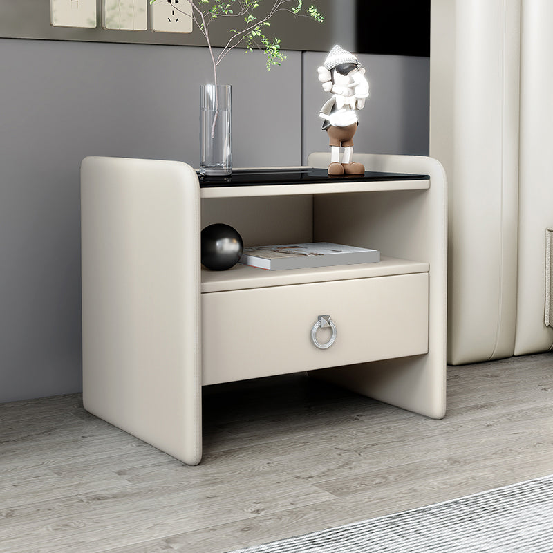 18" H Modern Bed Nightstand Glass Top Solid Wood Open Storage Night Table Off-White Clearhalo 'Bedroom Furniture' 'furn' 'furn_night_stand' 'Furniture' 'night_stand' 'Nightstands' 5537258