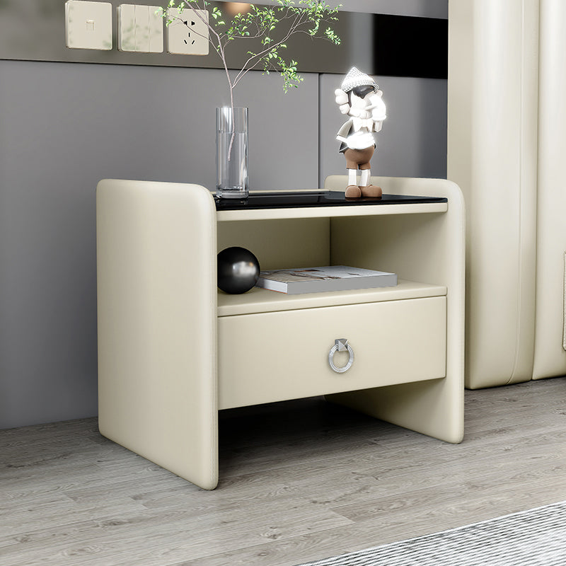 18" H Modern Bed Nightstand Glass Top Solid Wood Open Storage Night Table Beige Clearhalo 'Bedroom Furniture' 'furn' 'furn_night_stand' 'Furniture' 'night_stand' 'Nightstands' 5537266
