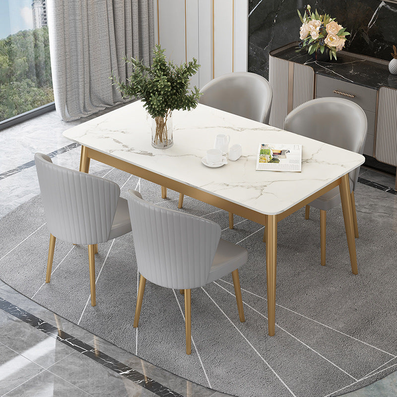 White Stone Top Dining Table Contemporary Rectangle Dining Table with 4 Legs Gold 55.1"L x 31.5"W x 29.5"H Without Chairs Clearhalo 'Dining Tables & Seating' 'Dining Tables' 'dining_table' 'furn' 'furn_dining_table' 'Furniture' 'Kitchen & Dining Furniture' 5543307