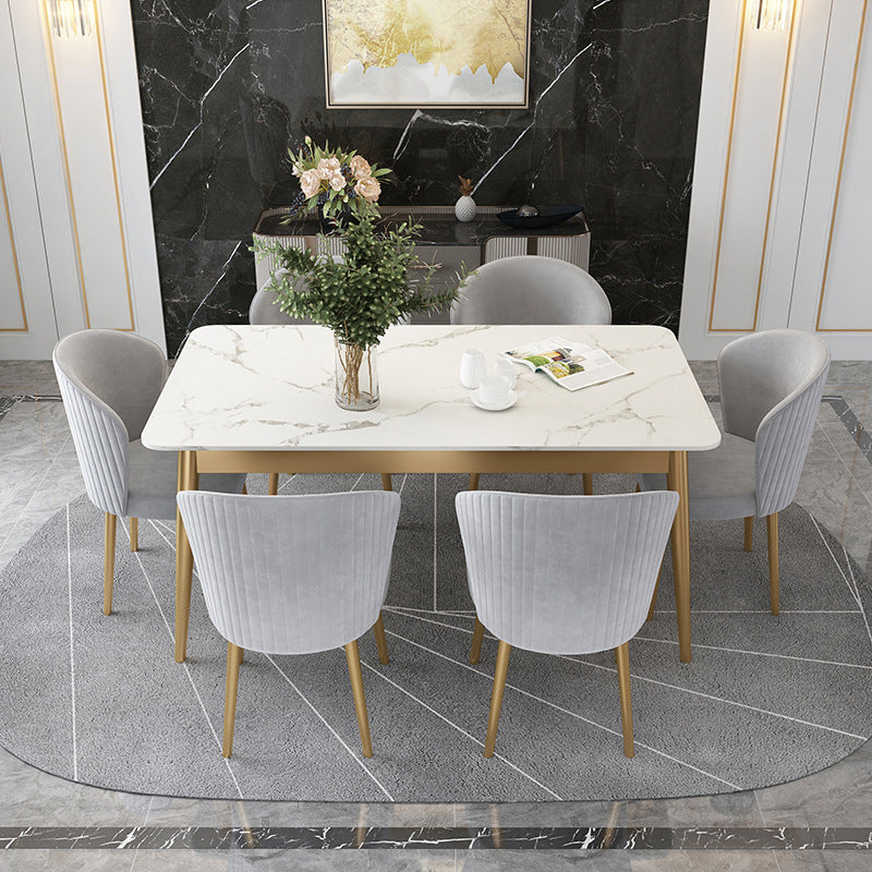 White Stone Top Dining Table Contemporary Rectangle Dining Table with 4 Legs Gold 63"L x 31.5"W x 29.5"H Without Chairs Clearhalo 'Dining Tables & Seating' 'Dining Tables' 'dining_table' 'furn' 'furn_dining_table' 'Furniture' 'Kitchen & Dining Furniture' 5543308