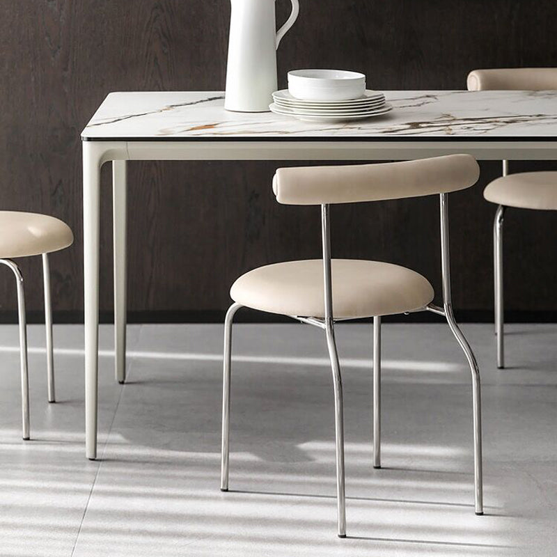 Zilveren metalen benen armloze eetkamerstoelen moderne faux lederen eetkamerstoel