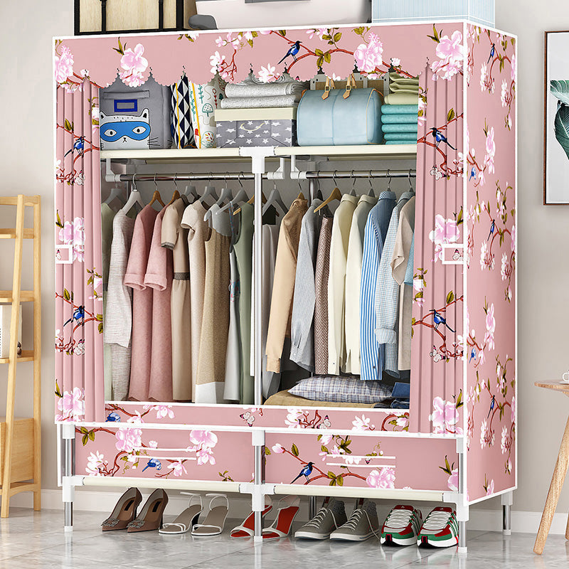 Steel Frame Wardrobe Cabinet Modern Style Wardrobe Armoire with Drawer 39"L x 18"W x 65"H Pink Clearhalo 'Armoires & Wardrobes' 'armoires_wardrobes' 'Bedroom Furniture' 'furn' 'furn_armoires_wardrobes' 'Furniture' 5544425