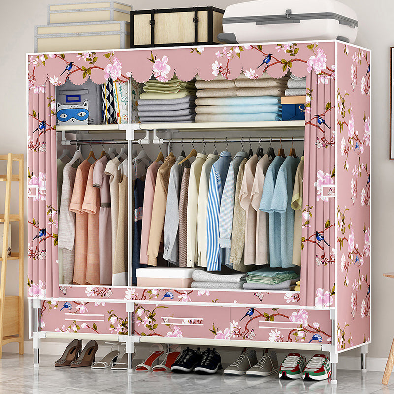 Steel Frame Wardrobe Cabinet Modern Style Wardrobe Armoire with Drawer 51"L x 18"W x 65"H Pink Clearhalo 'Armoires & Wardrobes' 'armoires_wardrobes' 'Bedroom Furniture' 'furn' 'furn_armoires_wardrobes' 'Furniture' 5544427