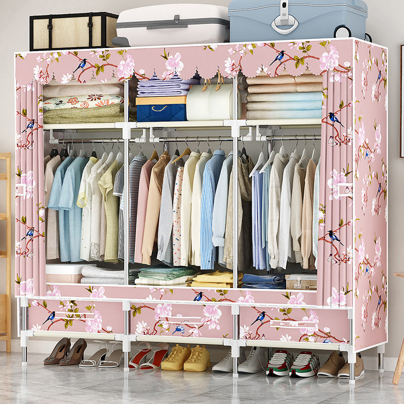 Steel Frame Wardrobe Cabinet Modern Style Wardrobe Armoire with Drawer 59"L x 18"W x 65"H Pink Clearhalo 'Armoires & Wardrobes' 'armoires_wardrobes' 'Bedroom Furniture' 'furn' 'furn_armoires_wardrobes' 'Furniture' 5544428