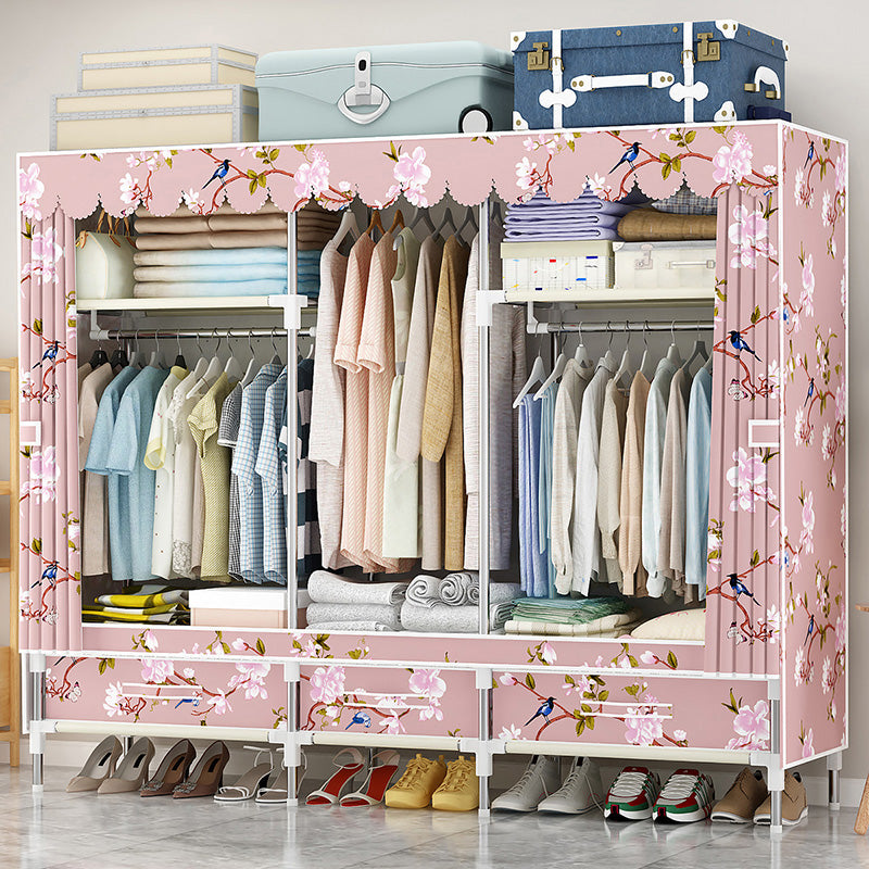 Steel Frame Wardrobe Cabinet Modern Style Wardrobe Armoire with Drawer 65"L x 18"W x 65"H Pink Clearhalo 'Armoires & Wardrobes' 'armoires_wardrobes' 'Bedroom Furniture' 'furn' 'furn_armoires_wardrobes' 'Furniture' 5544430