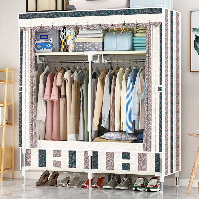 Steel Frame Wardrobe Cabinet Modern Style Wardrobe Armoire with Drawer 39"L x 18"W x 65"H Gray White Striped Clearhalo 'Armoires & Wardrobes' 'armoires_wardrobes' 'Bedroom Furniture' 'furn' 'furn_armoires_wardrobes' 'Furniture' 5544449