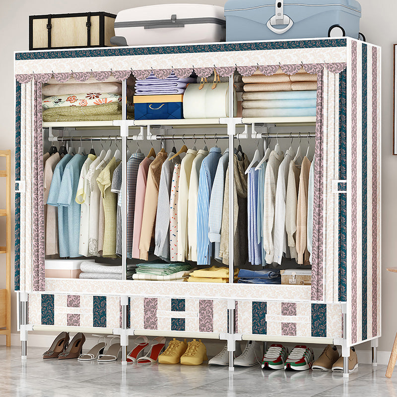 Steel Frame Wardrobe Cabinet Modern Style Wardrobe Armoire with Drawer 59"L x 18"W x 65"H Gray White Striped Clearhalo 'Armoires & Wardrobes' 'armoires_wardrobes' 'Bedroom Furniture' 'furn' 'furn_armoires_wardrobes' 'Furniture' 5544452