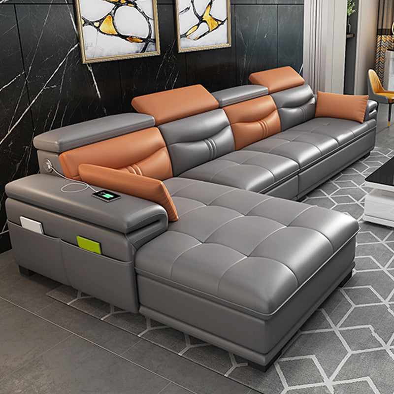 Gray Genuine Leather Sectional Sofa with Storage Bag Adjustable Sofa