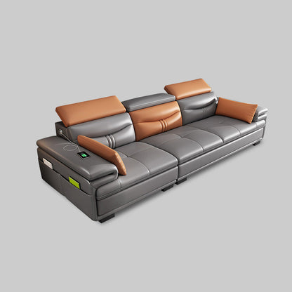 Gray Genuine Leather Sectional Sofa with Storage Bag Adjustable Sofa