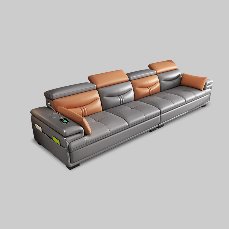 Gray Genuine Leather Sectional Sofa with Storage Bag Adjustable Sofa