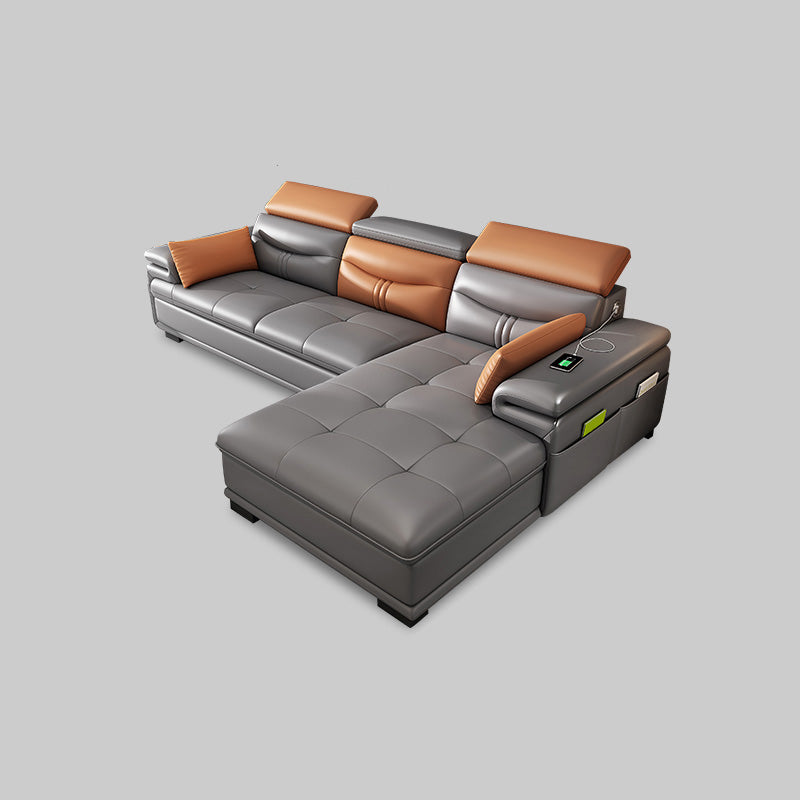 Gray Genuine Leather Sectional Sofa with Storage Bag Adjustable Sofa