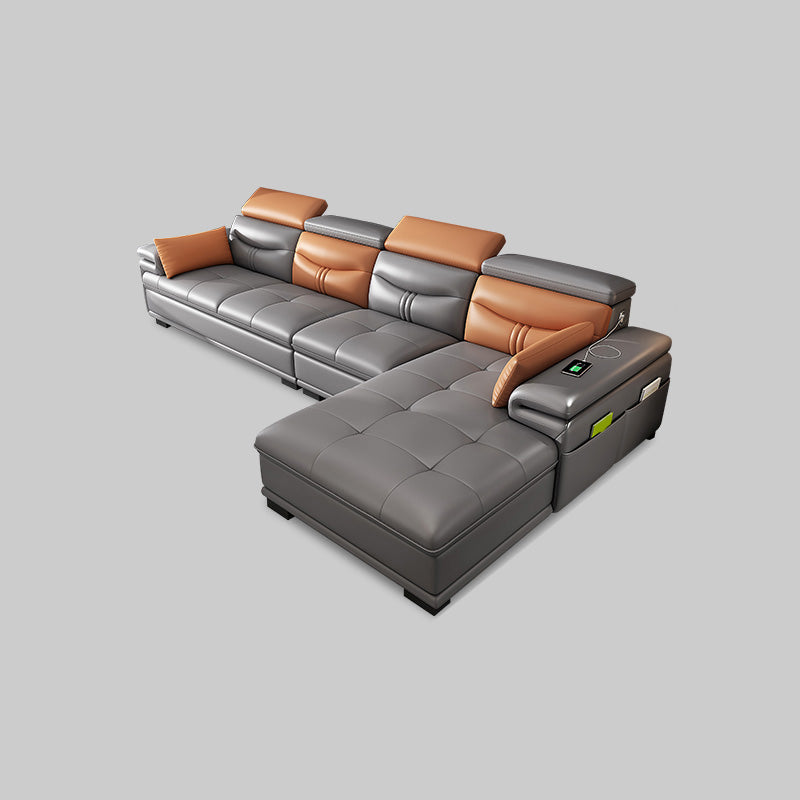 Gray Genuine Leather Sectional Sofa with Storage Bag Adjustable Sofa