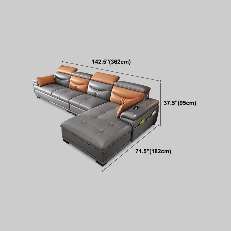 Gray Genuine Leather Sectional Sofa with Storage Bag Adjustable Sofa