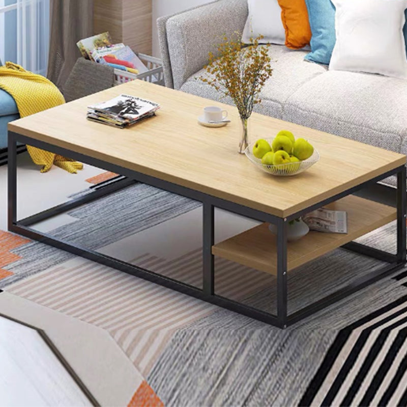 Frame Base Rectangular Modern Style Wood Table Metal Bottom Frame Coffee Table 55"L x 24"W x 18"H Natural Wood Black Shelves Included Clearhalo 'Coffee & Accent Tables' 'Coffee Tables' 'coffee_tables' 'furn' 'furn_coffee_tables' 'Furniture' 'Living Room Furniture' 5550779