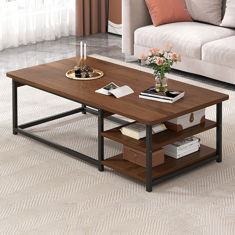 Frame Base Rectangular Modern Style Wood Table Metal Bottom Frame Coffee Table 55"L x 24"W x 16.5"H Walnut+Black Shelves Included Clearhalo 'Coffee & Accent Tables' 'Coffee Tables' 'coffee_tables' 'furn' 'furn_coffee_tables' 'Furniture' 'Living Room Furniture' 5550785