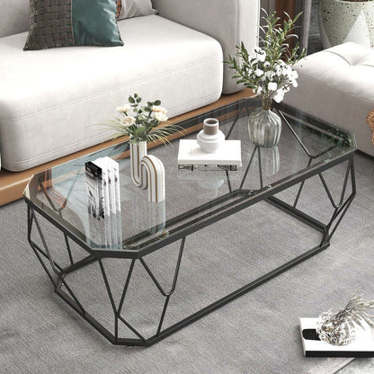 Modern Style Rectangular Glass Table Abstract Base Coffee Table 39.5"L x 19.5"W x 18"H Black Clear Shelves Not Included Clearhalo 'Coffee & Accent Tables' 'Coffee Tables' 'coffee_tables' 'furn' 'furn_coffee_tables' 'Furniture' 'Living Room Furniture' 5550867