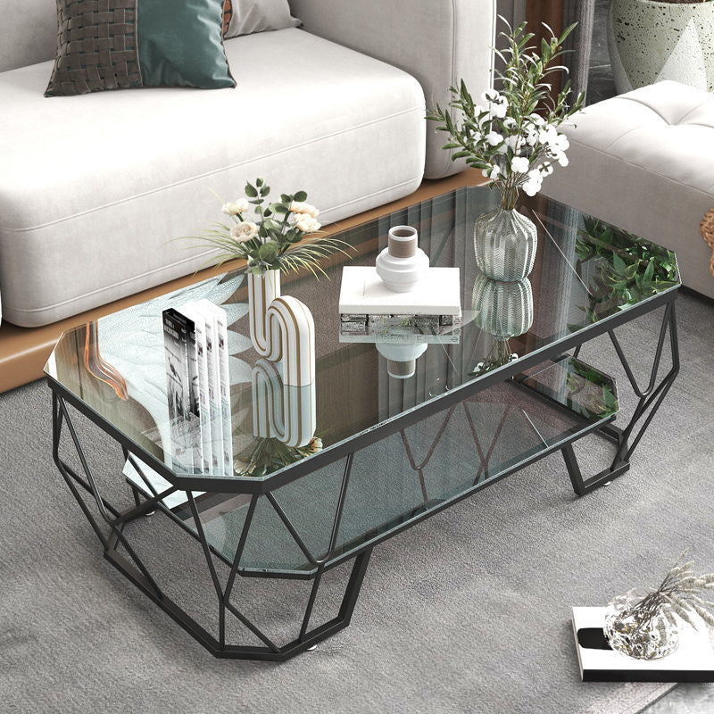 Modern Style Rectangular Glass Table Abstract Base Coffee Table Black Shelves Included Clearhalo 'Coffee & Accent Tables' 'Coffee Tables' 'coffee_tables' 'furn' 'furn_coffee_tables' 'Furniture' 'Living Room Furniture' 5550868