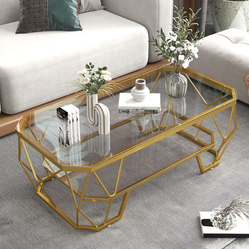 Modern Style Rectangular Glass Table Abstract Base Coffee Table Gold Transparent Shelves Included Clearhalo 'Coffee & Accent Tables' 'Coffee Tables' 'coffee_tables' 'furn' 'furn_coffee_tables' 'Furniture' 'Living Room Furniture' 5550869