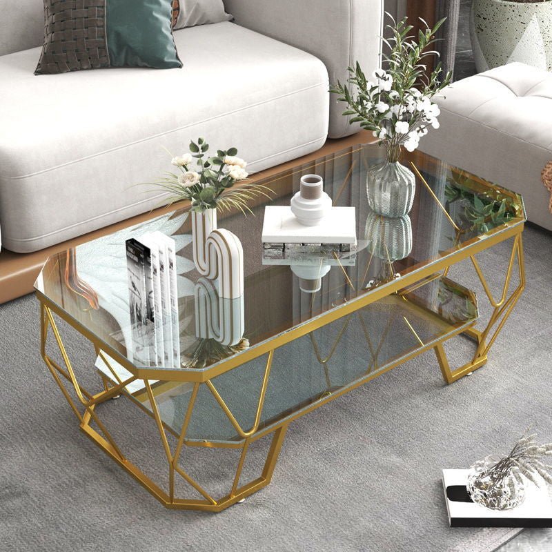 Modern Style Rectangular Glass Table Abstract Base Coffee Table Gold-Black Shelves Included Clearhalo 'Coffee & Accent Tables' 'Coffee Tables' 'coffee_tables' 'furn' 'furn_coffee_tables' 'Furniture' 'Living Room Furniture' 5550880