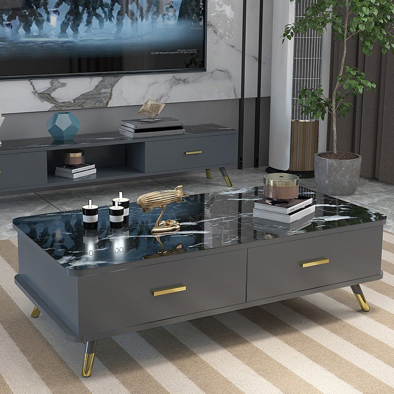 Tavolino da caffè moderno con piano in vetro con 2 cassetti e 4 gambe
