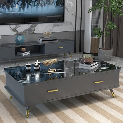 Tavolino da caffè moderno con piano in vetro con 2 cassetti e 4 gambe