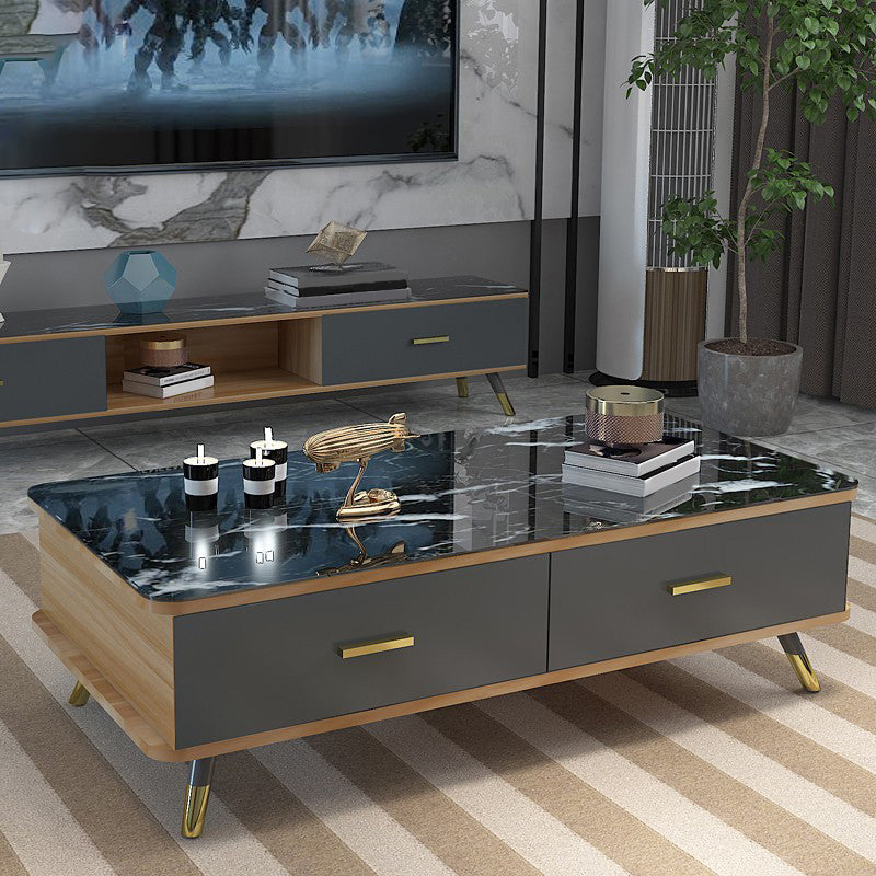 Tavolino da caffè moderno con piano in vetro con 2 cassetti e 4 gambe