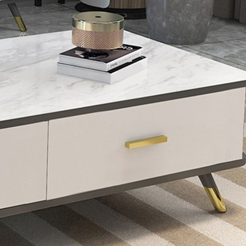 Tavolino da caffè moderno con piano in vetro con 2 cassetti e 4 gambe