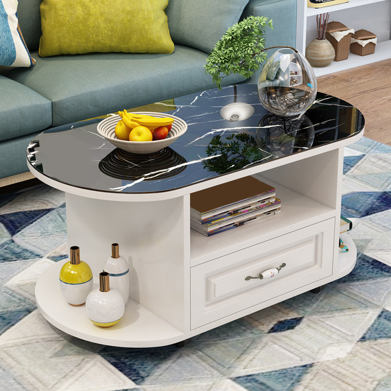 table basse ovale moderne avec étagère et tiroir et roulettes