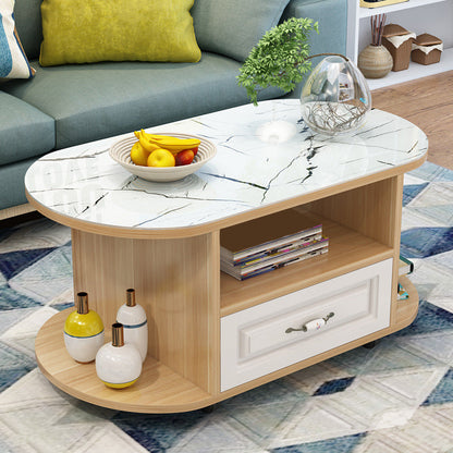table basse ovale moderne avec étagère et tiroir et roulettes