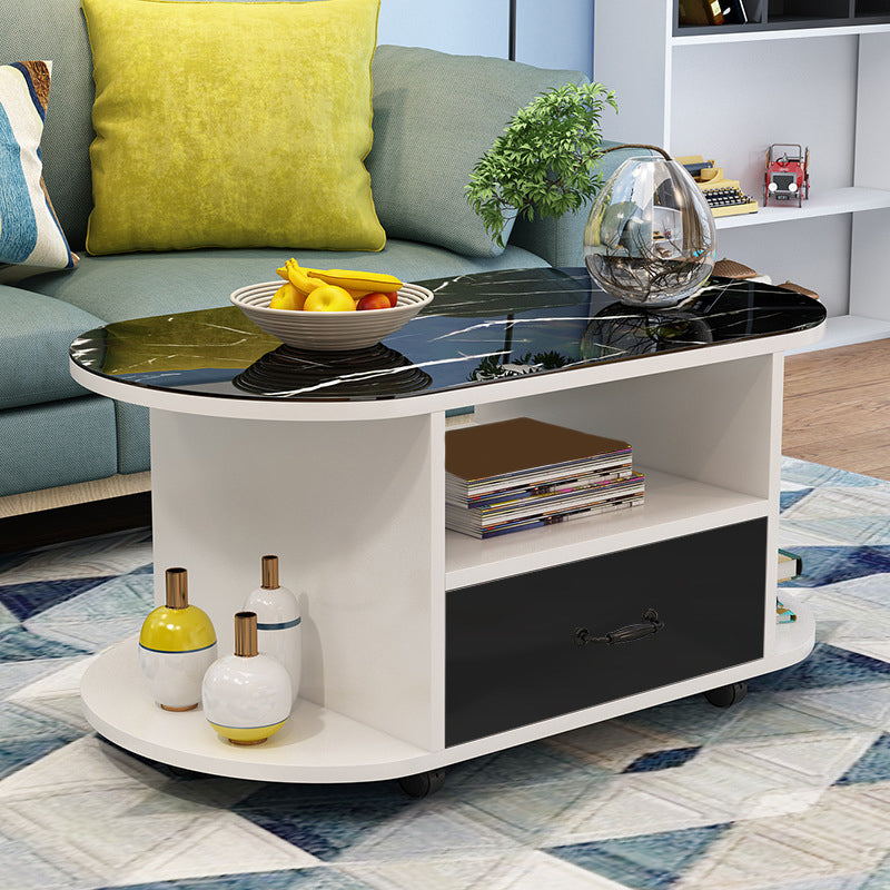table basse ovale moderne avec étagère et tiroir et roulettes