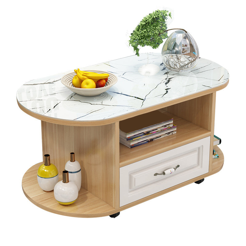 table basse ovale moderne avec étagère et tiroir et roulettes