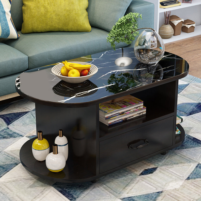 table basse ovale moderne avec étagère et tiroir et roulettes