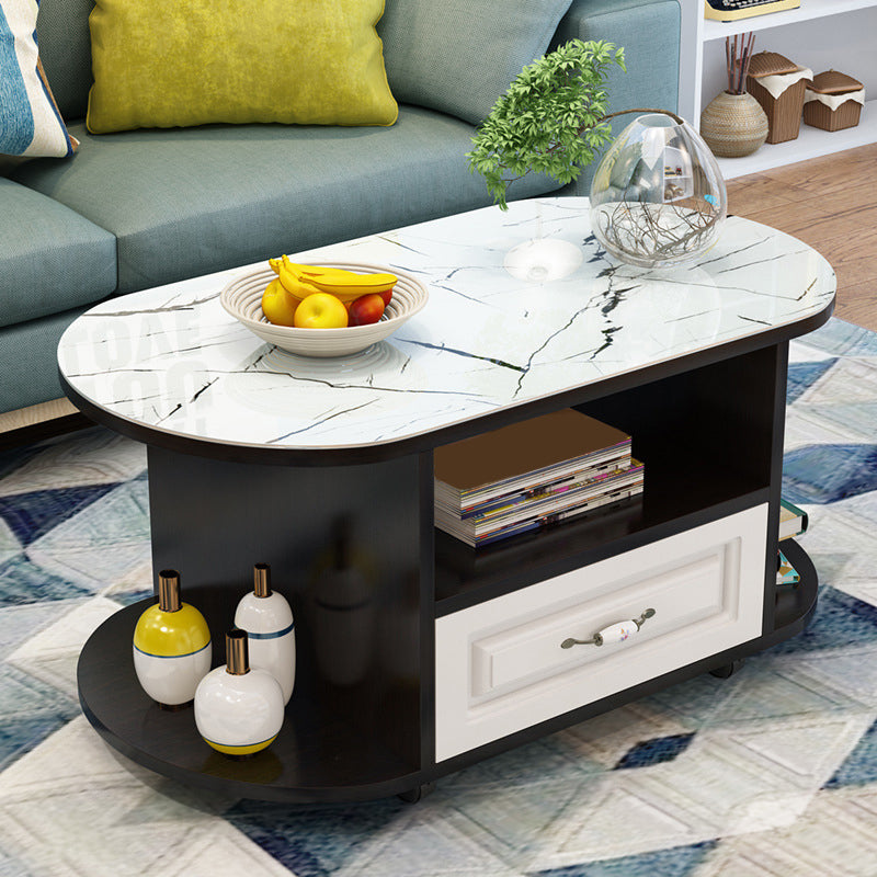 table basse ovale moderne avec étagère et tiroir et roulettes