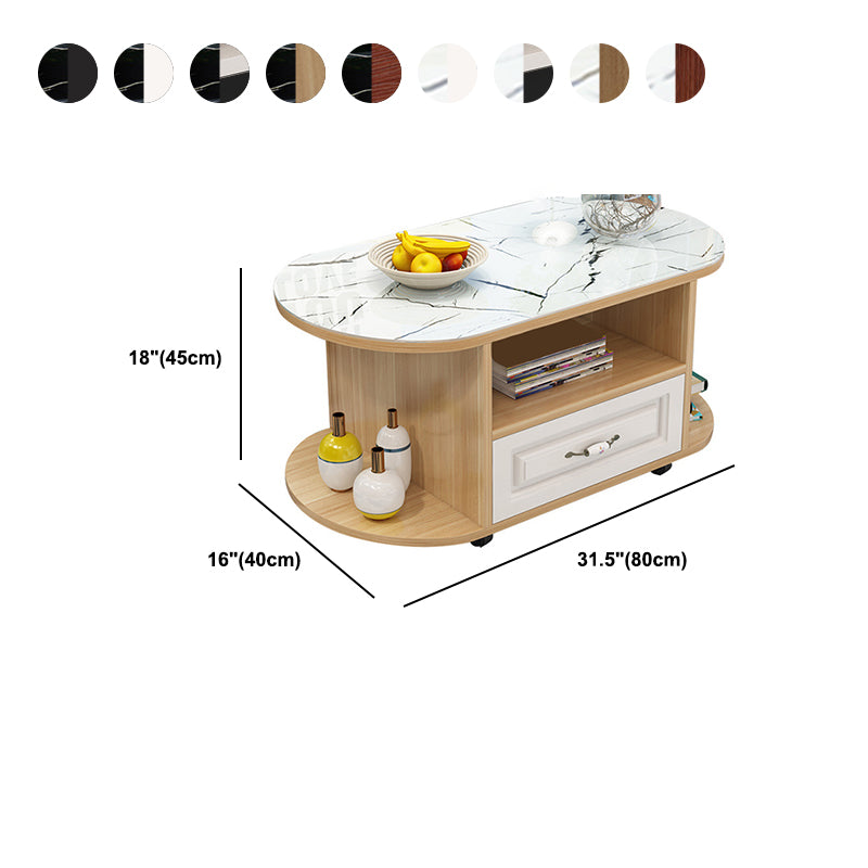 table basse ovale moderne avec étagère et tiroir et roulettes