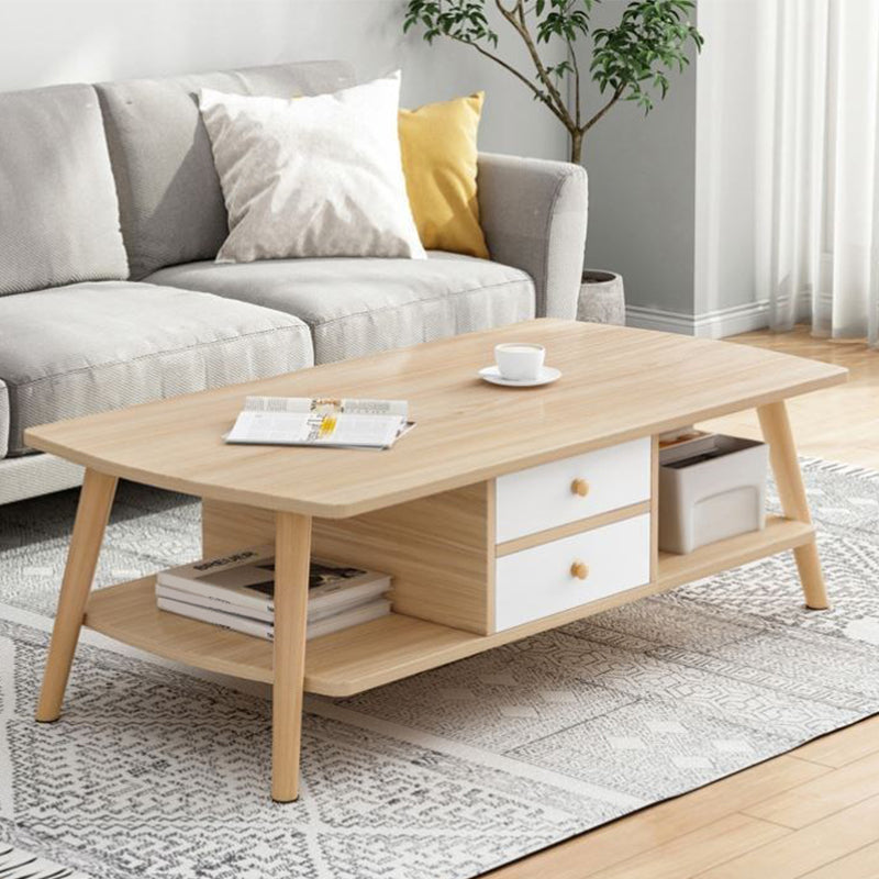 Modern Style Rectangular Artificial 4 Legs Base with Drawer Coffee Table 47"L x 23"W x 17"H Natural Wood White 2 Clearhalo 'Coffee & Accent Tables' 'Coffee Tables' 'coffee_tables' 'furn' 'furn_coffee_tables' 'Furniture' 'Living Room Furniture' 5550944
