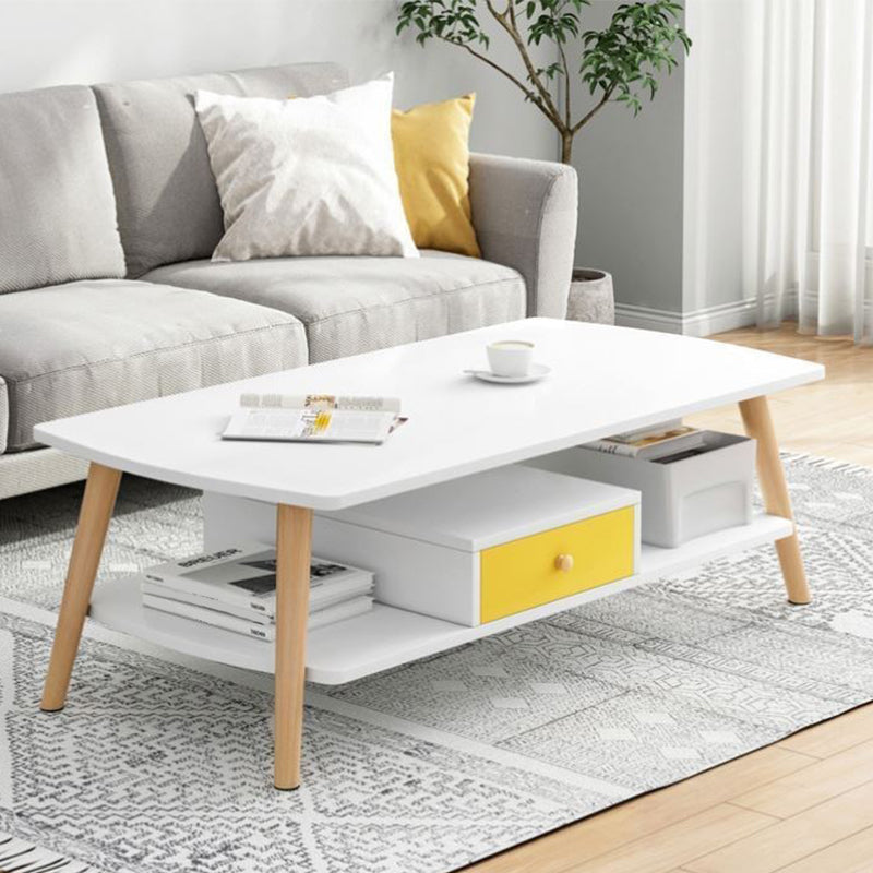 Modern Style Rectangular Artificial 4 Legs Base with Drawer Coffee Table 39.5"L x 19"W x 16.5"H White Yellow 1 Clearhalo 'Coffee & Accent Tables' 'Coffee Tables' 'coffee_tables' 'furn' 'furn_coffee_tables' 'Furniture' 'Living Room Furniture' 5550947
