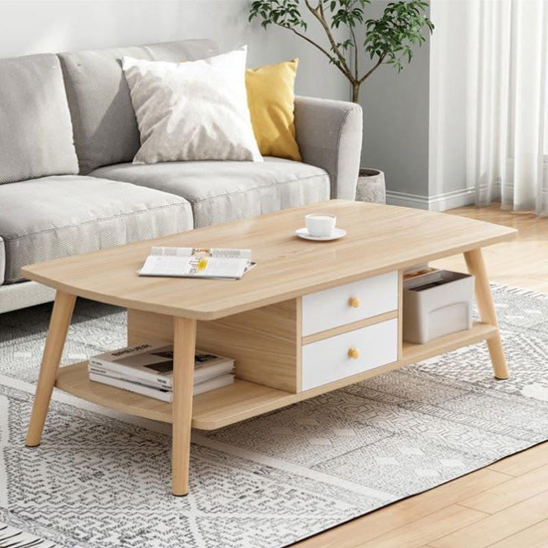 Modern Style Rectangular Artificial 4 Legs Base with Drawer Coffee Table 39.5"L x 19"W x 16.5"H Natural Wood White 2 Clearhalo 'Coffee & Accent Tables' 'Coffee Tables' 'coffee_tables' 'furn' 'furn_coffee_tables' 'Furniture' 'Living Room Furniture' 5550957