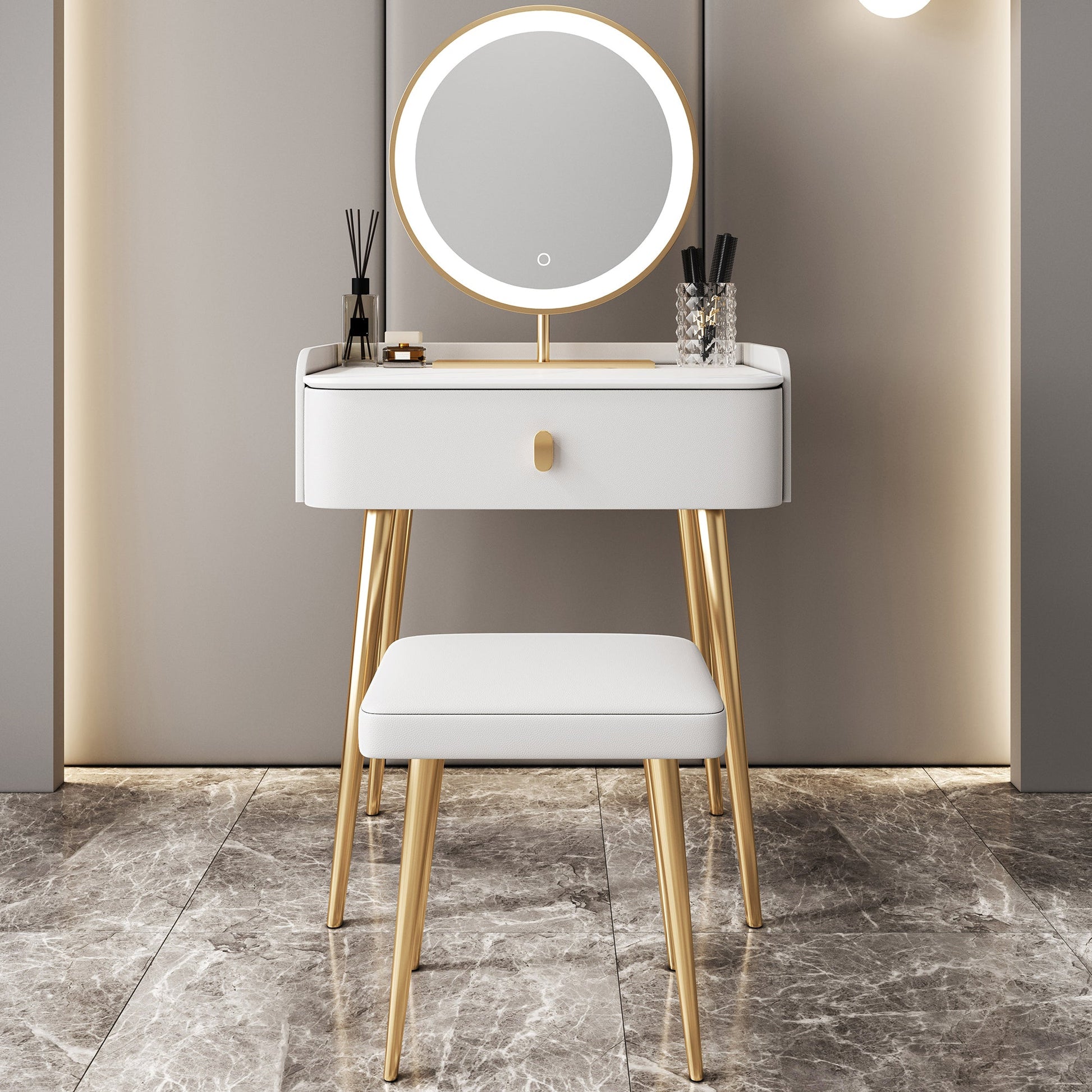 Glam Marble Makeup Vanity Set With Drawer for Bedroom in White Makeup Vanity & Mirror & Stools 24"L x 16"W x 31"H Clearhalo 'Bedroom Furniture' 'furn' 'furn_makeup_vanities' 'Furniture' 'Makeup Vanities' 'makeup_vanities' 5552452