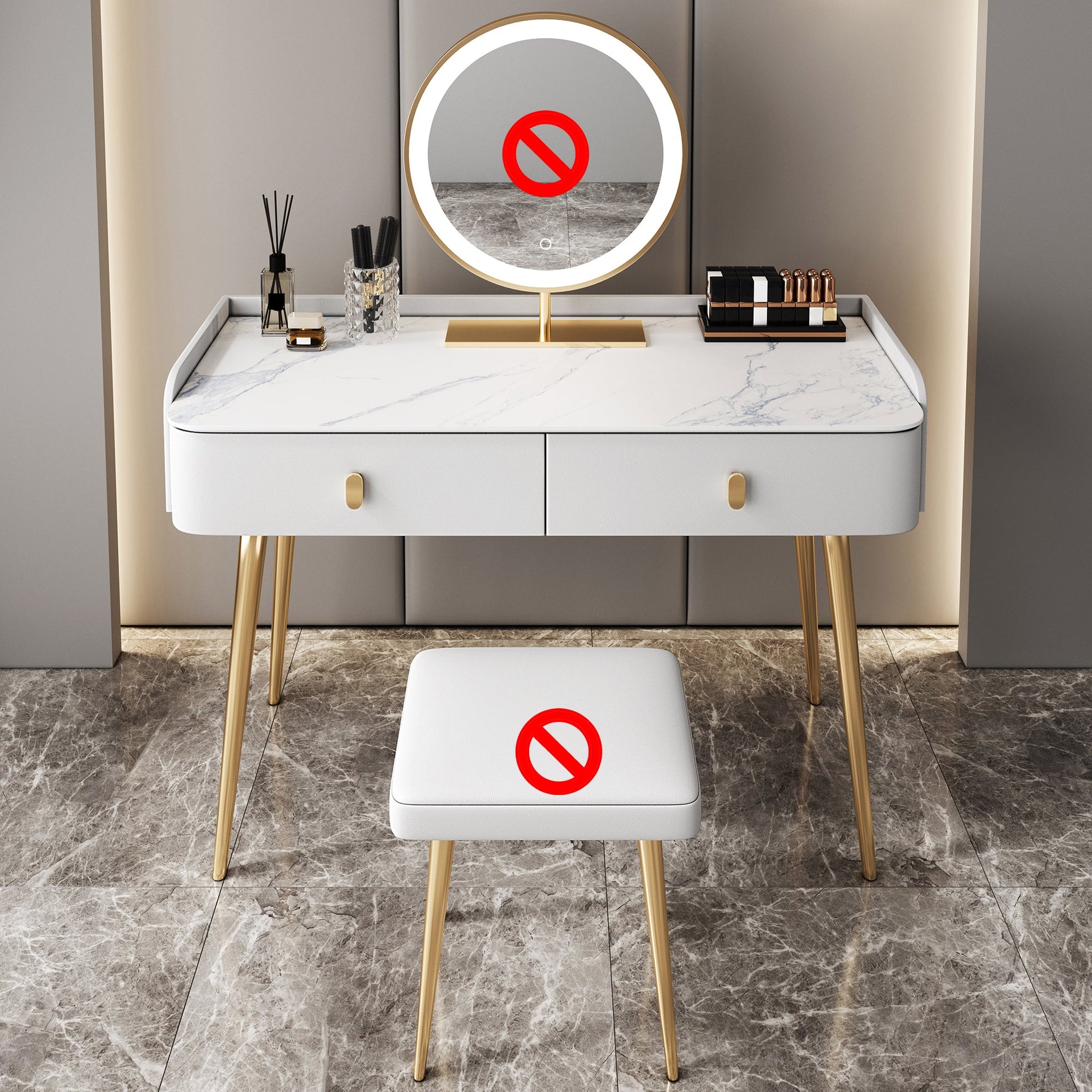 Glam Marble Makeup Vanity Set With Drawer for Bedroom in White Makeup Vanity Clearhalo 'Bedroom Furniture' 'furn' 'furn_makeup_vanities' 'Furniture' 'Makeup Vanities' 'makeup_vanities' 5552453
