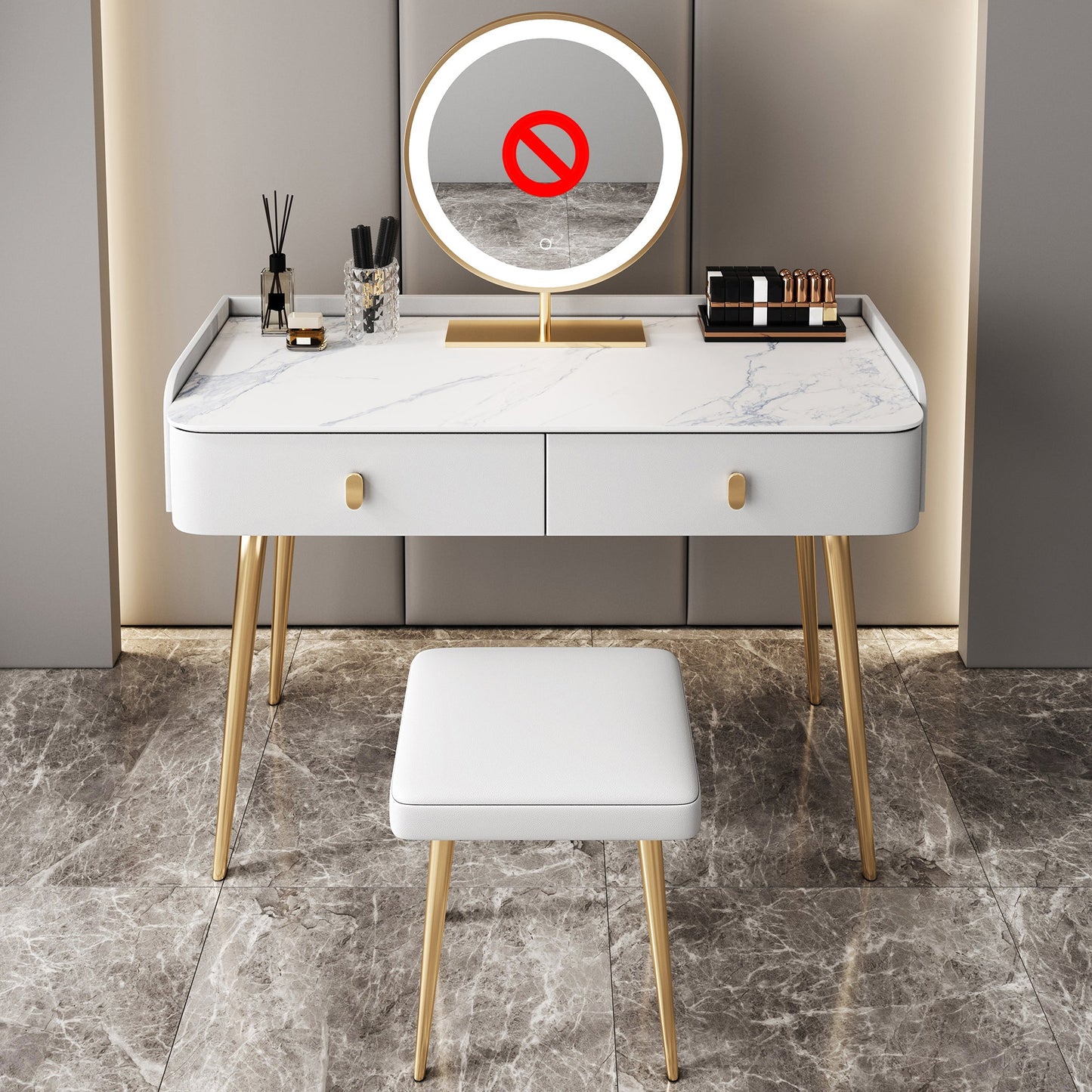 Glam Marble Makeup Vanity Set With Drawer for Bedroom in White Makeup Vanity & Stools Clearhalo 'Bedroom Furniture' 'furn' 'furn_makeup_vanities' 'Furniture' 'Makeup Vanities' 'makeup_vanities' 5552455