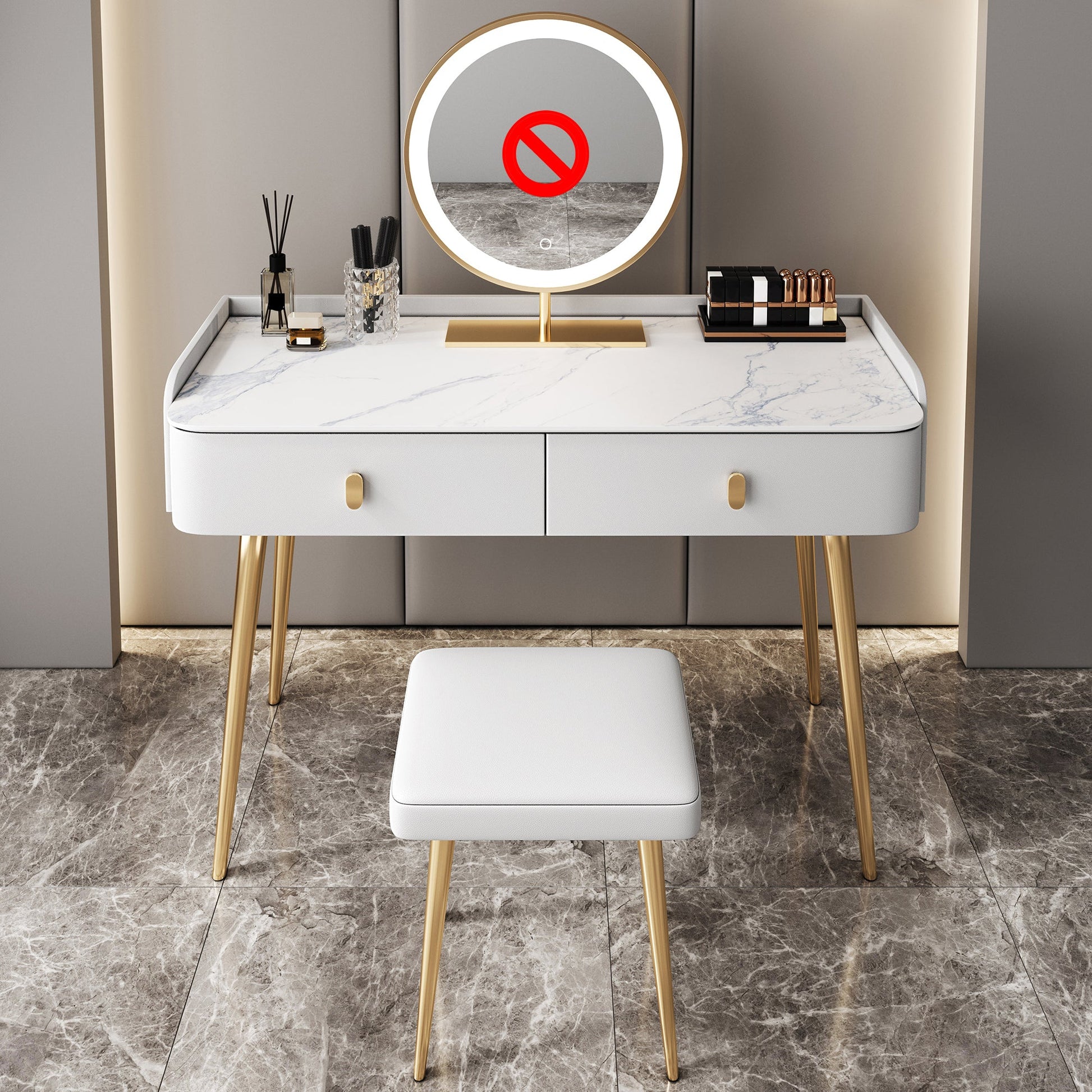 Glam Marble Makeup Vanity Set With Drawer for Bedroom in White Makeup Vanity & Stools Clearhalo 'Bedroom Furniture' 'furn' 'furn_makeup_vanities' 'Furniture' 'Makeup Vanities' 'makeup_vanities' 5552455