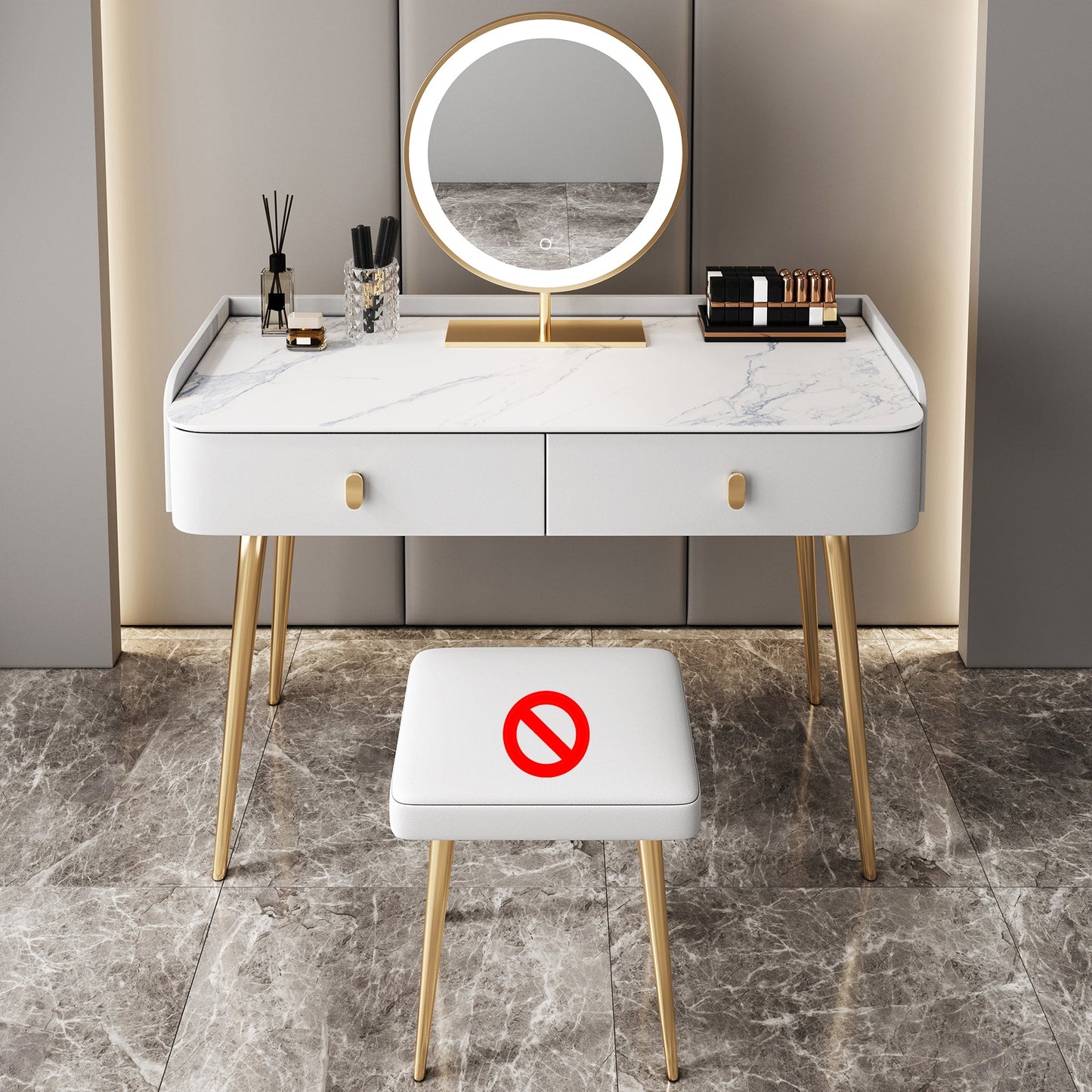 Glam Marble Makeup Vanity Set With Drawer for Bedroom in White Makeup Vanity & Mirror Clearhalo 'Bedroom Furniture' 'furn' 'furn_makeup_vanities' 'Furniture' 'Makeup Vanities' 'makeup_vanities' 5552456