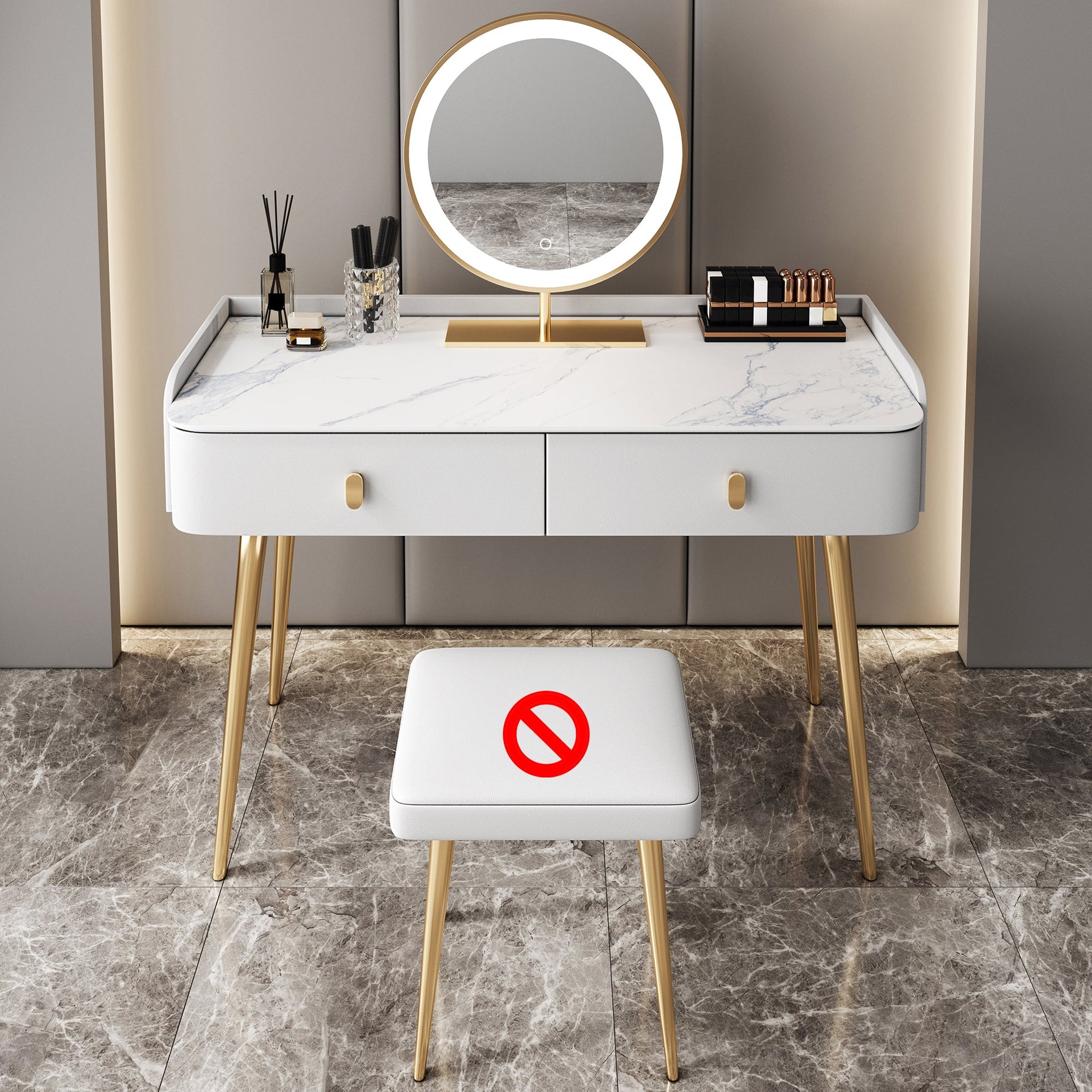 Glam Marble Makeup Vanity Set With Drawer for Bedroom in White Makeup Vanity & Mirror Clearhalo 'Bedroom Furniture' 'furn' 'furn_makeup_vanities' 'Furniture' 'Makeup Vanities' 'makeup_vanities' 5552456