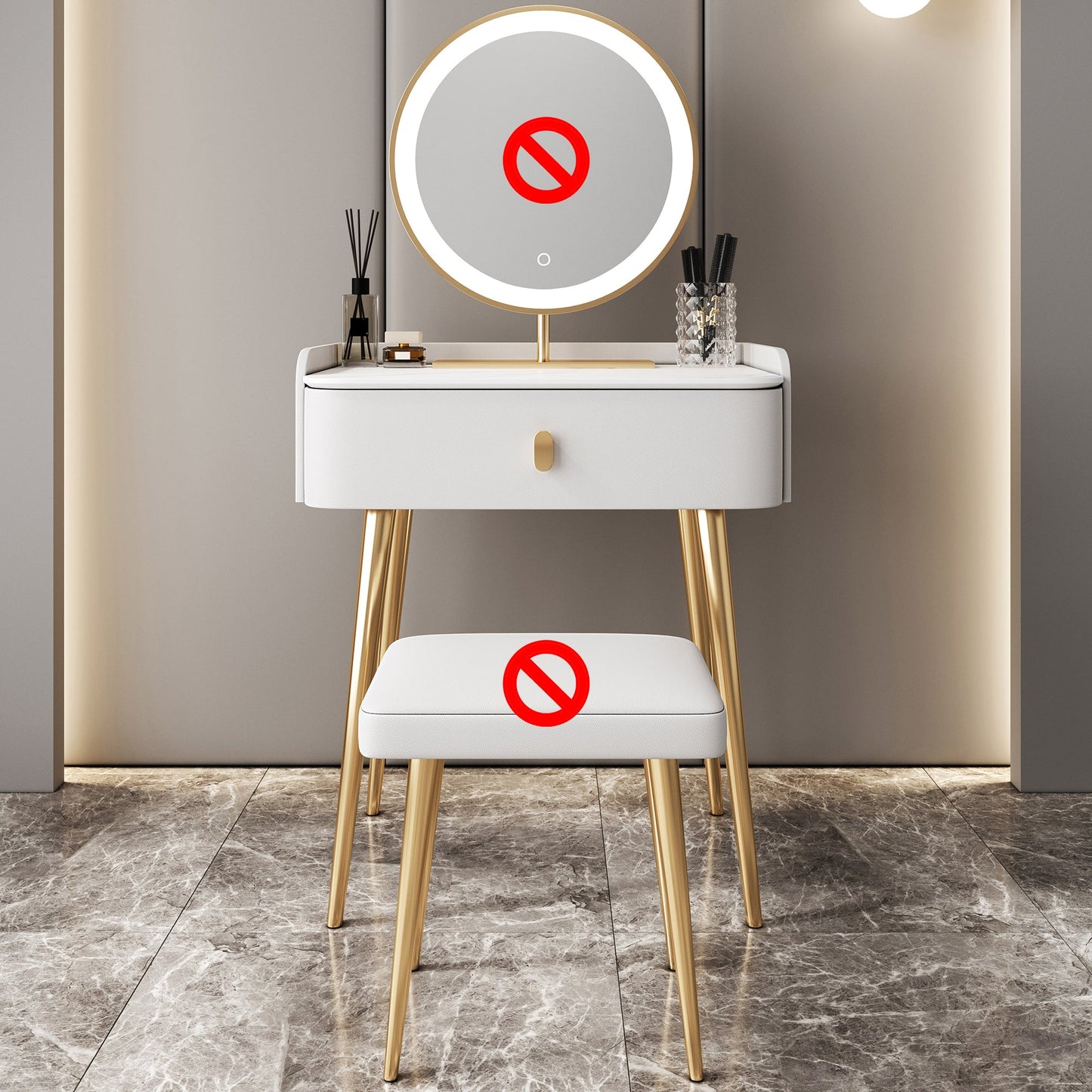 Glam Marble Makeup Vanity Set With Drawer for Bedroom in White Makeup Vanity 24"L x 16"W x 31"H Clearhalo 'Bedroom Furniture' 'furn' 'furn_makeup_vanities' 'Furniture' 'Makeup Vanities' 'makeup_vanities' 5552458