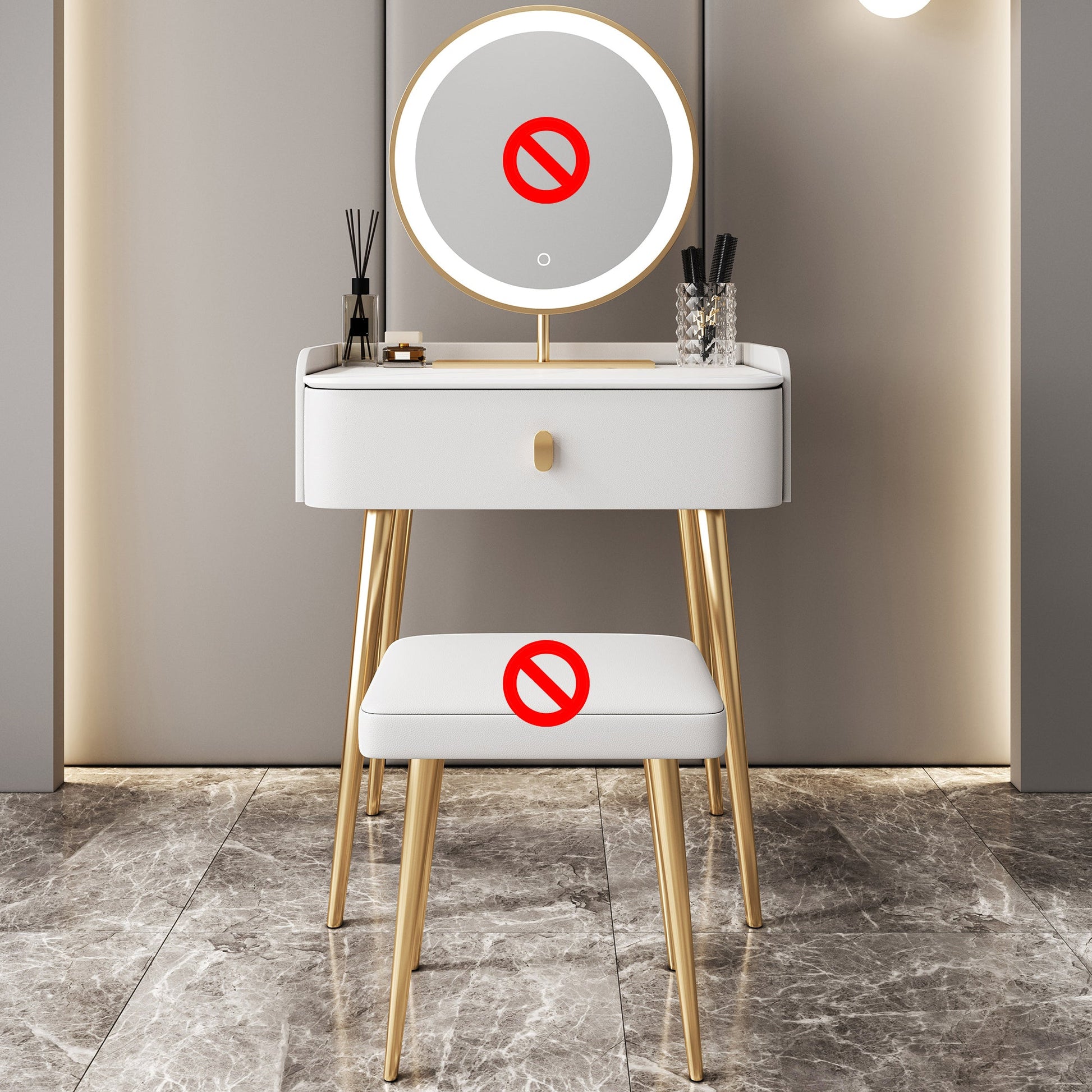 Glam Marble Makeup Vanity Set With Drawer for Bedroom in White Makeup Vanity 24"L x 16"W x 31"H Clearhalo 'Bedroom Furniture' 'furn' 'furn_makeup_vanities' 'Furniture' 'Makeup Vanities' 'makeup_vanities' 5552458