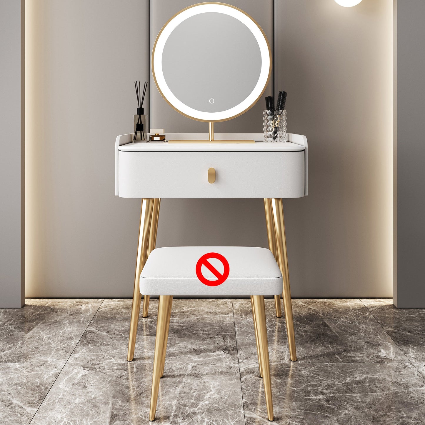 Glam Marble Makeup Vanity Set With Drawer for Bedroom in White Makeup Vanity & Mirror 24"L x 16"W x 31"H Clearhalo 'Bedroom Furniture' 'furn' 'furn_makeup_vanities' 'Furniture' 'Makeup Vanities' 'makeup_vanities' 5552462