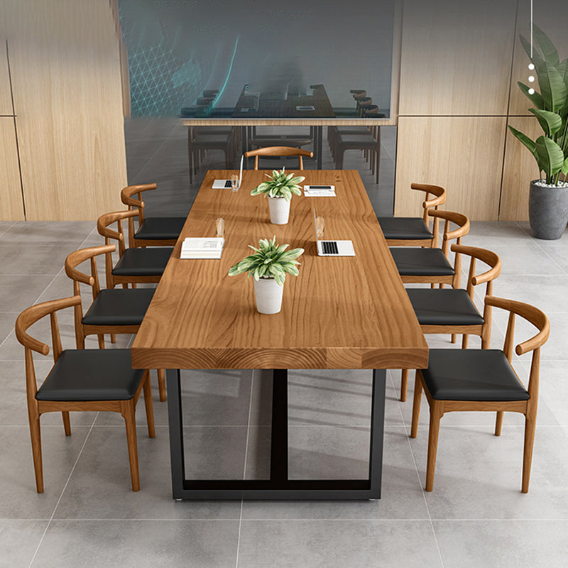 Scrivania per ufficio in legno di pino industriale scrivania rettangolare marrone con cavalletto in metallo