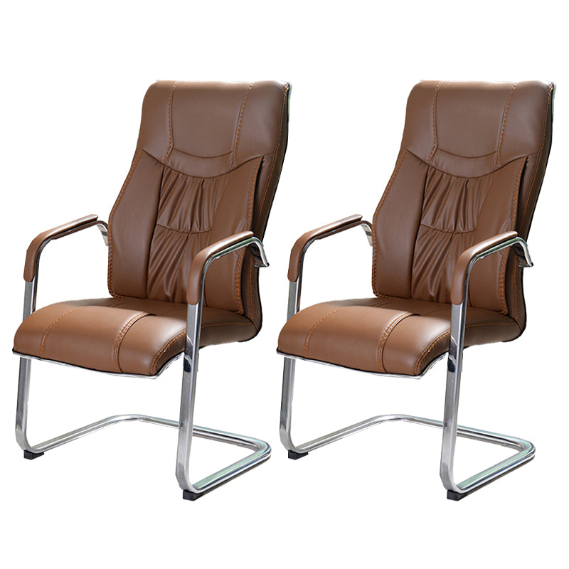 Modern style Task Chair Faux Leather No Wheels Office Chair with Fixed Arms Brown 2 Piece Set Clearhalo 'furn' 'furn_office_chair' 'Furniture' 'Office Chairs' 'Office Furniture' 'office_chair' 5553480