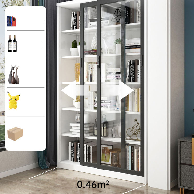 14.9" Wide Whit Bookcase Modern Stainless Steel and Glass Book Shelf With Doors